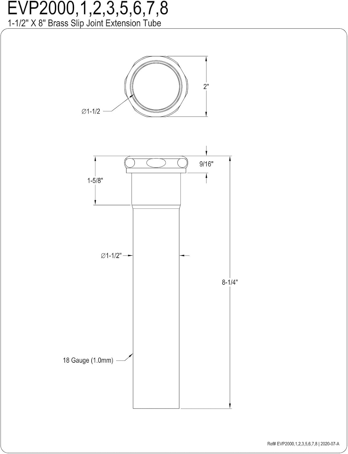 Kingston Brass EVP2008 1-1/2" x 8" Brass Slip Joint Tailpiece Extension Tube in Brushed Nickel