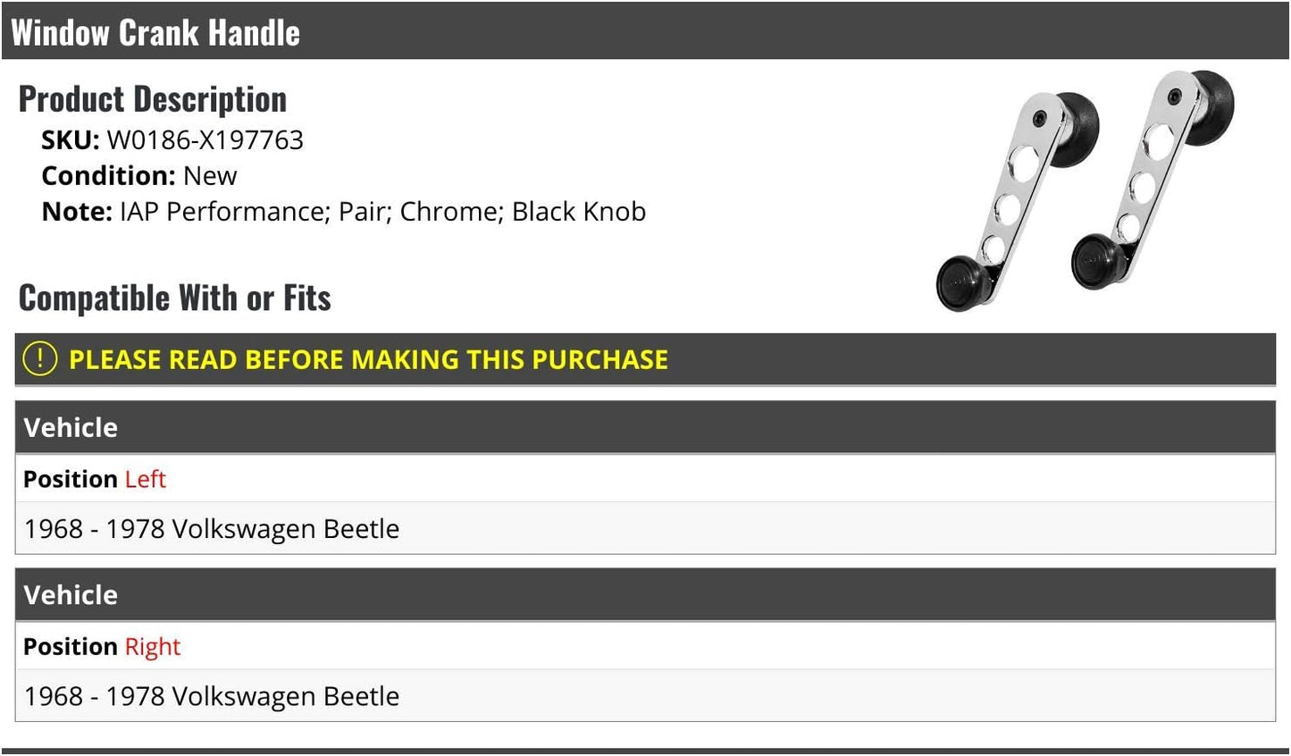 Window Crank Handle Set of 2 - Chrome with Black Knob - Compatible with 1968-1978 Volkswagen Beetle