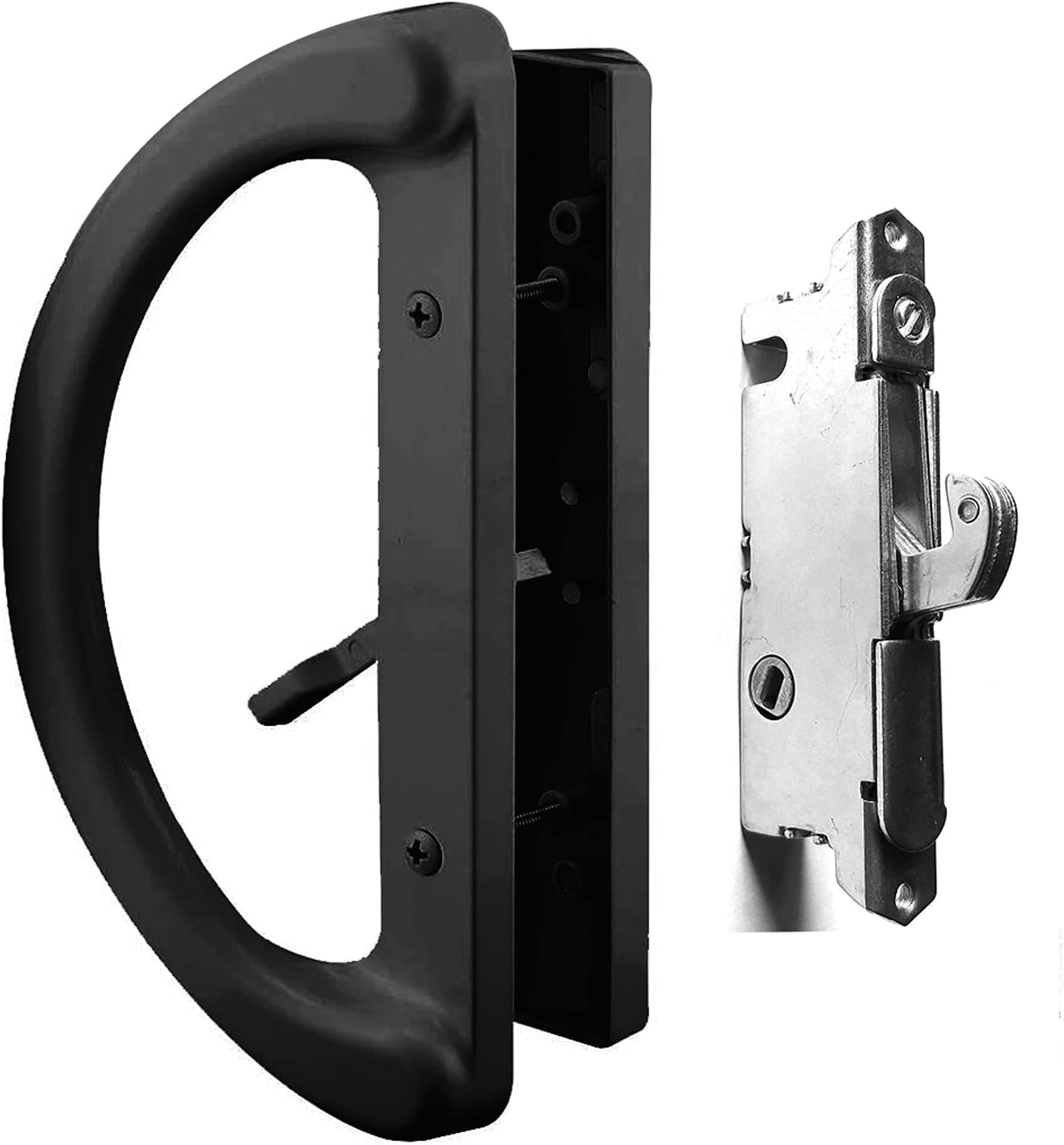 Patio Door Handle Set + Mortise Lock 45° Perfect Replacement for Sliding Glass Door Fits 3-15/16” Screw Hole Spacing, Non-keyed with Latch Locks,White Diecast,Reversible Design(Non-Handed)