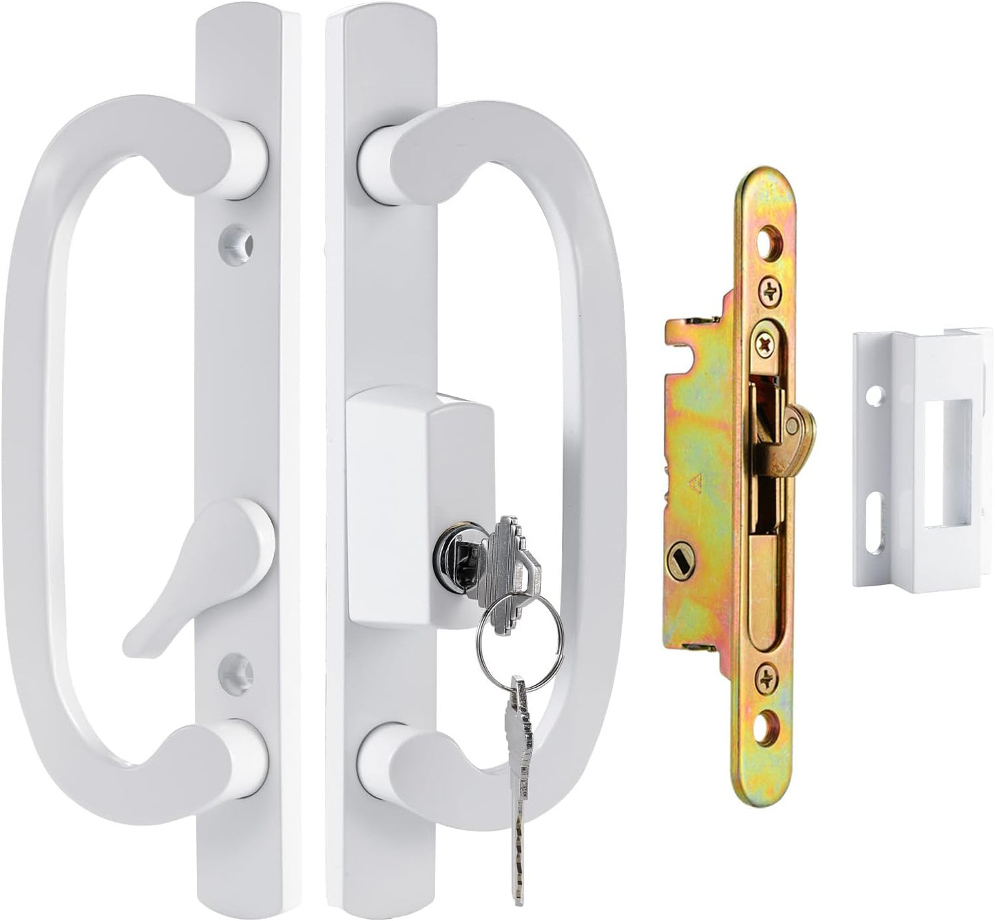 Sliding Patio Door Handleset, 45° Keyway, 3-15/16" H.C., Fits 1-3/8" to 2-1/4" Thick Doors, No-Handed, White Diecast, Offset Position Non-Keyed|Off Center Thumb Latch