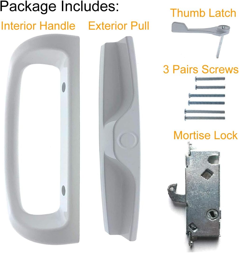 Patio Door Handle Set + Mortise Lock 45° Perfect Replacement for Sliding Glass Door Fits 3-15/16” Screw Hole Spacing, Non-keyed with Latch Locks,White Diecast,Reversible Design(Non-Handed)