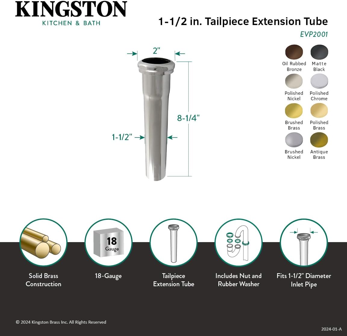 Kingston Brass EVP2008 1-1/2" x 8" Brass Slip Joint Tailpiece Extension Tube in Brushed Nickel