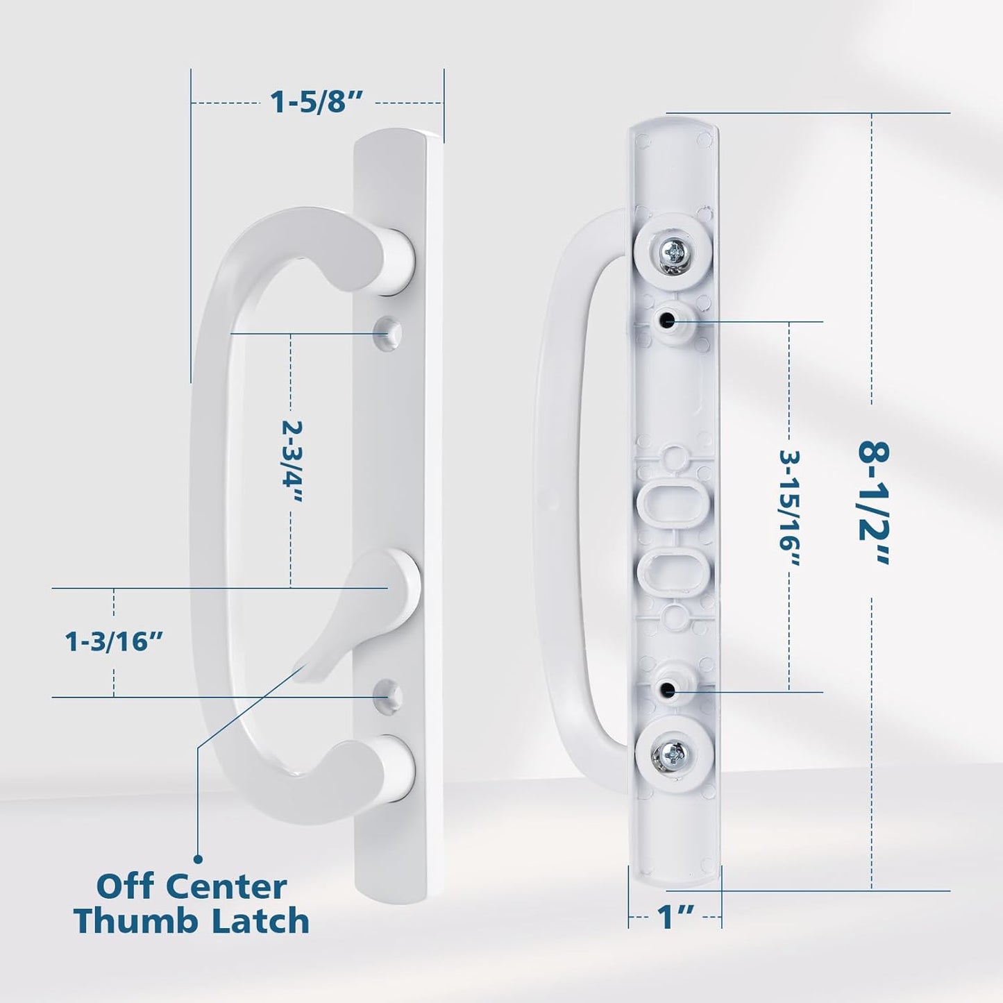 Sliding Patio Door Handleset, 45° Keyway, 3-15/16" H.C., Fits 1-3/8" to 2-1/4" Thick Doors, No-Handed, White Diecast, Offset Position Non-Keyed|Off Center Thumb Latch