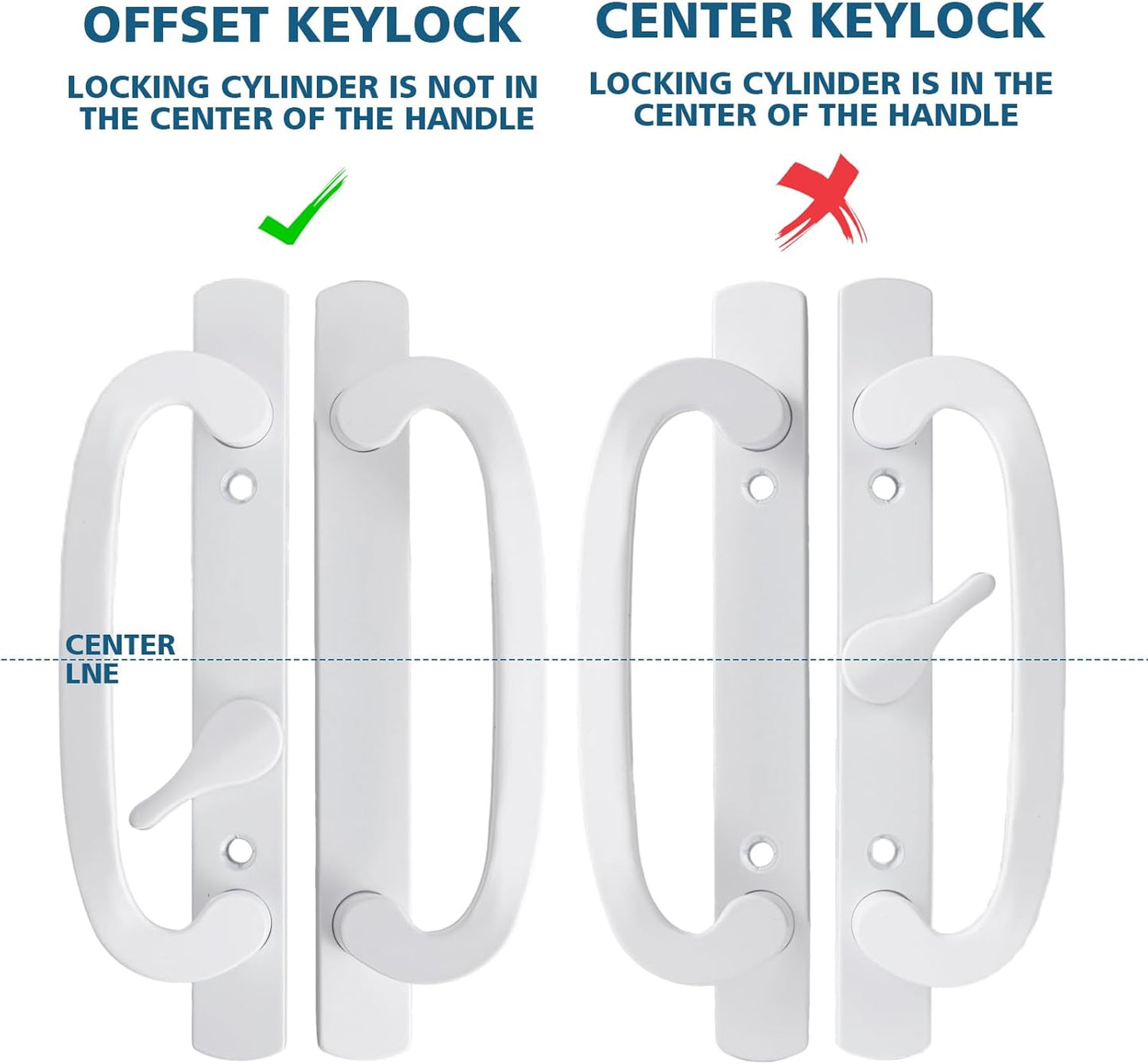 Sliding Patio Door Handleset, 45° Keyway, 3-15/16" H.C., Fits 1-3/8" to 2-1/4" Thick Doors, No-Handed, White Diecast, Offset Position Non-Keyed|Off Center Thumb Latch