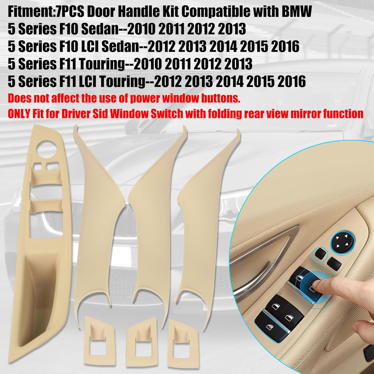 Jaronx Compatible with BMW Door Handle Covers Snap-on/Sticky-on 5 Series 520 525 528 530 535 F10/F11 2010-2016,7PCS Driver Side Window Switch Panel+Passenger Door Handle+Window Switch Covers (Beige)