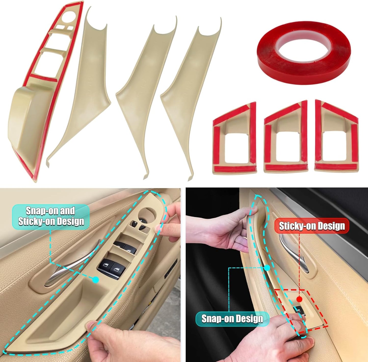 Jaronx Compatible with BMW Door Handle Covers Snap-on/Sticky-on 5 Series 520 525 528 530 535 F10/F11 2010-2016,7PCS Driver Side Window Switch Panel+Passenger Door Handle+Window Switch Covers (Beige)