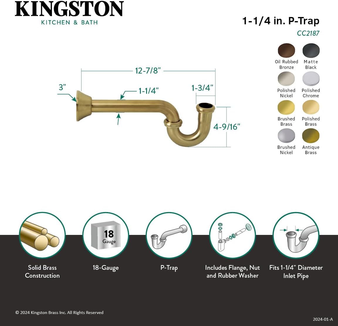 Kingston Brass CC2188 Faucetier Decor 8-Inch P-Trap, Brushed Nickel